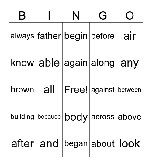 2nd Grade HFW Bingo Card