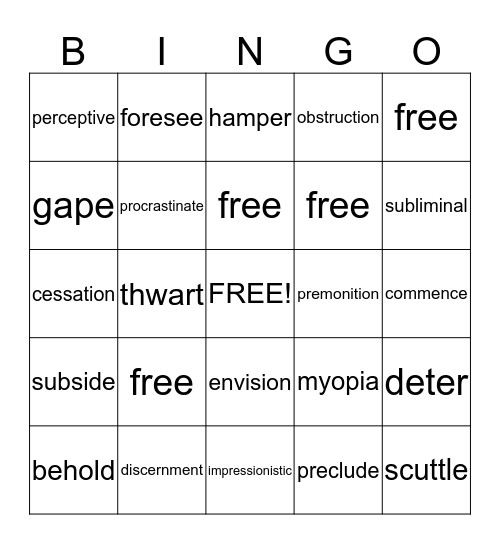 English 1CP Lessons 3 & 4 Bingo Card