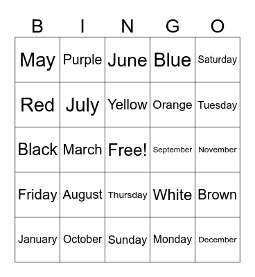 Days/Month/Color Bingo Card