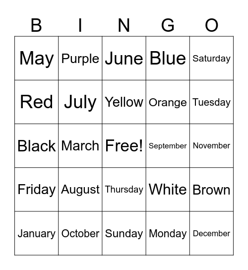 Days/Month/Color Bingo Card