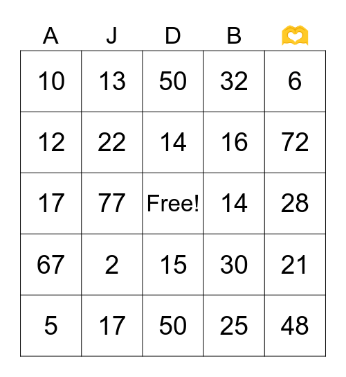 Wedding Numbers Bingo Card
