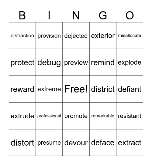 Prefixes Bingo Card