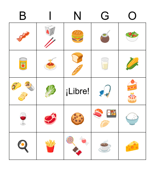La comida Bingo Card