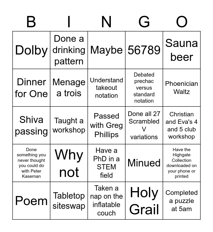 Pass Out Juggler Bingo Card