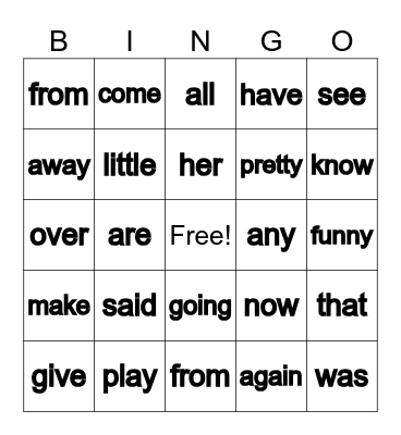 Sight Word Bingo Card