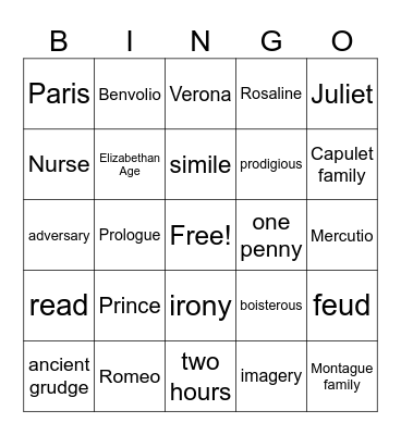 Romeo and Juliet Bingo Card