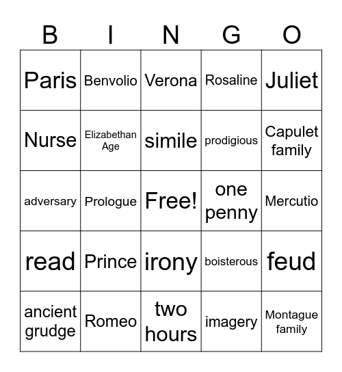 Romeo and Juliet Bingo Card