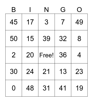 Number Bingo Card