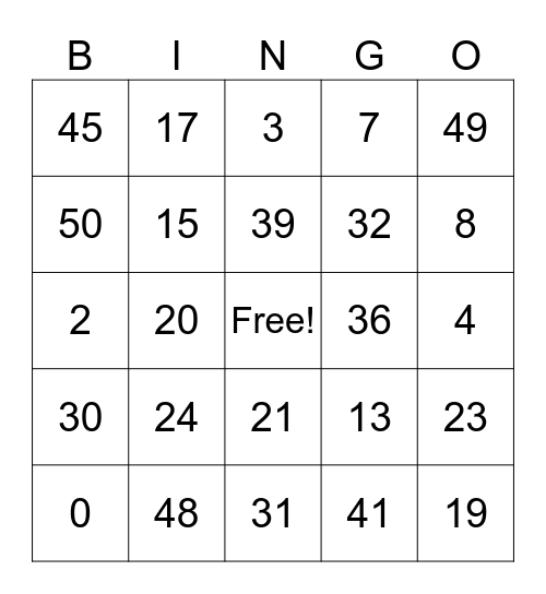 Number Bingo Card