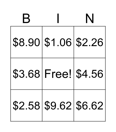 Adding and Subtracting Decimals Bingo Card