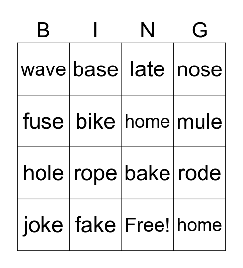 CVCe Bingo Card