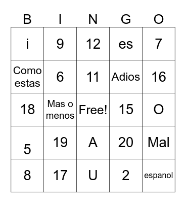 Los numeros 1-20 Bingo Card