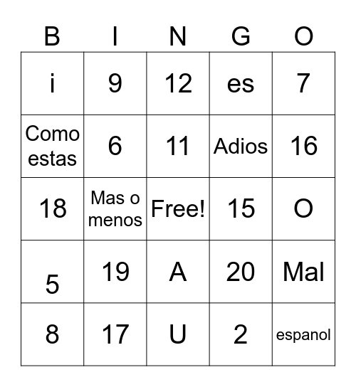 Los numeros 1-20 Bingo Card