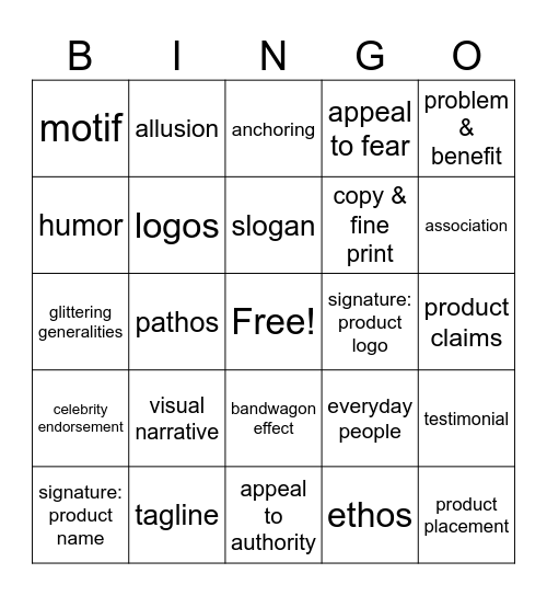 Advertisement Authorial Choices Bingo Card