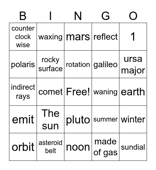 Sky Science Bingo Card