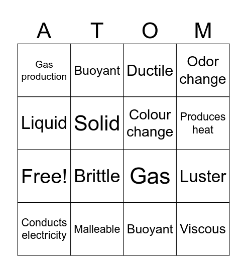 Physical Properties of Matter Bingo Card