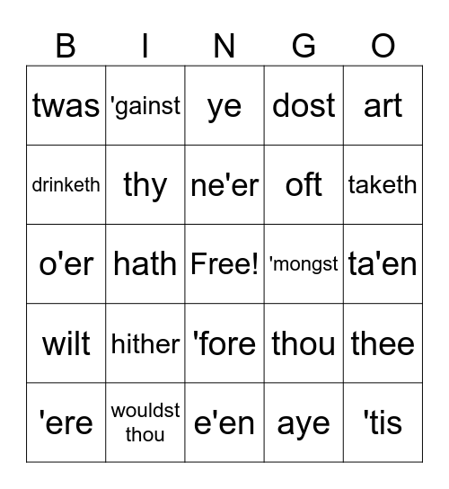 Shakespearean English Bingo Card