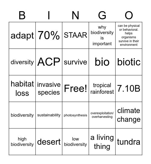 Biomes and Biodiversity Bingo Card