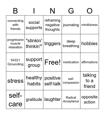 Coping Skills Bingo Card