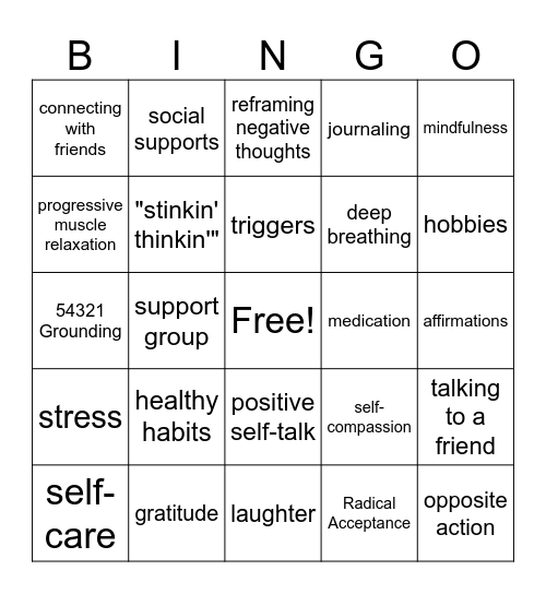 Coping Skills Bingo Card