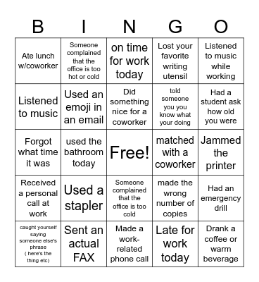 Workplace Bingo Card