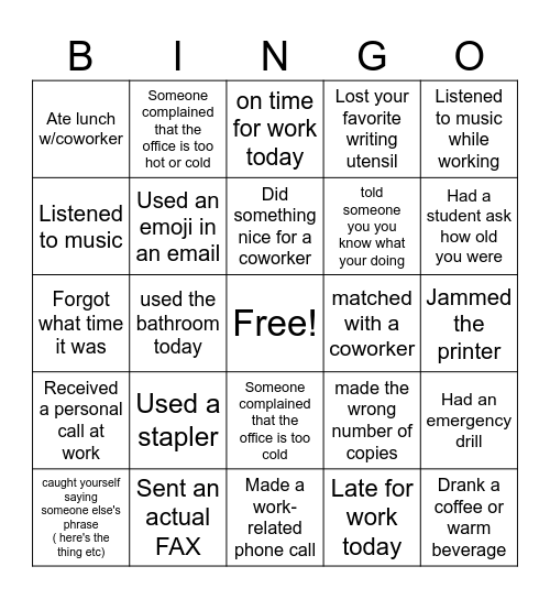 Workplace Bingo Card