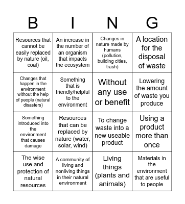 Environmental Changes and Resources Bingo Card