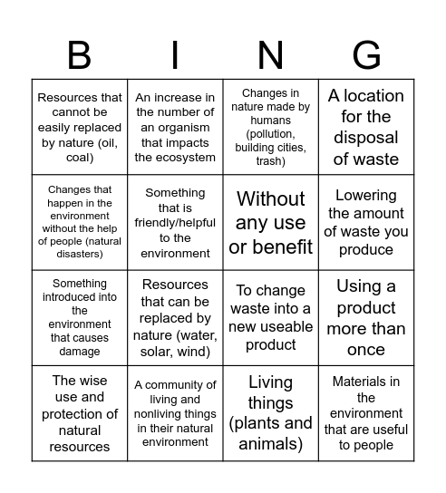 Environmental Changes and Resources Bingo Card