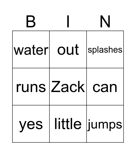 Splash! Bingo Card