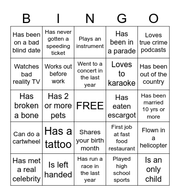 Get to Know You Bingo Card
