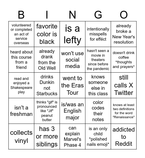 Icebreaker Bingo Card