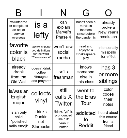 Icebreaker Bingo Card