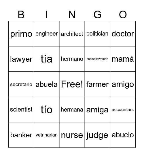 Professions and family Bingo Card