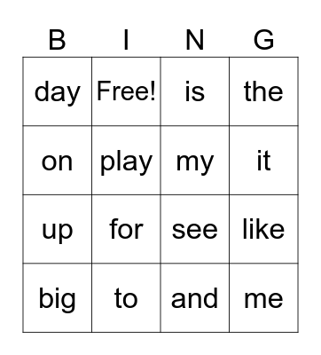 Sight Word Bingo Card