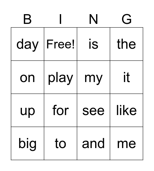 Sight Word Bingo Card