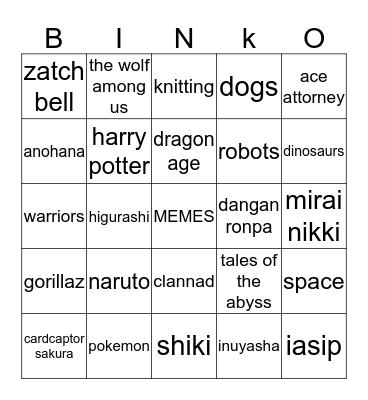 Grance Binko Bingo Card