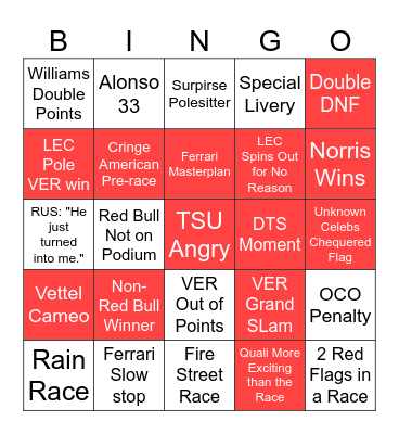 F1 2024 Bingo Card