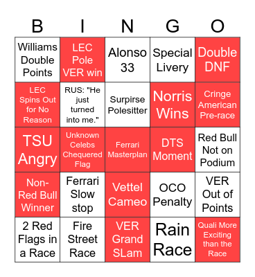F1 2024 Bingo Card