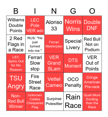 F1 2024 Bingo Card