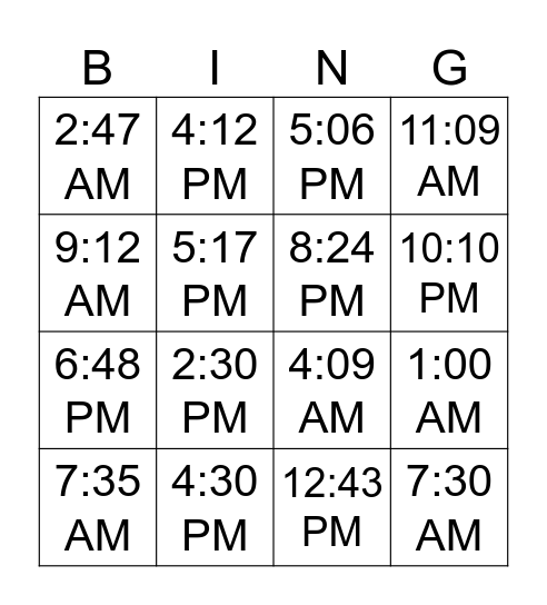 TIME BINGO! Bingo Card