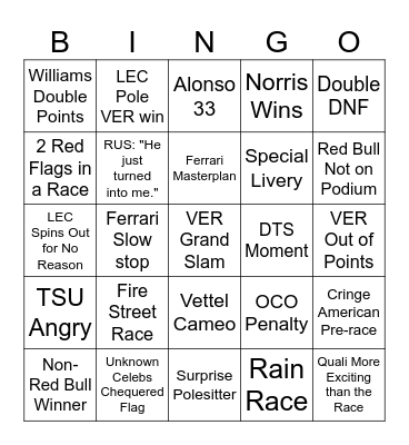 F1 2024 Bingo Card