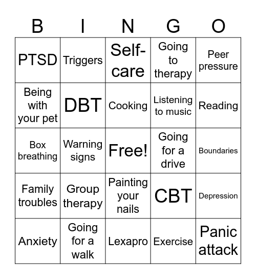 Mental Health Bingo Group 1 Bingo Card