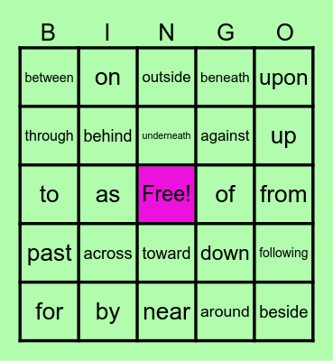PREPOSITIONS BINGO Card