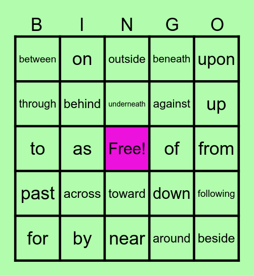 PREPOSITIONS BINGO Card
