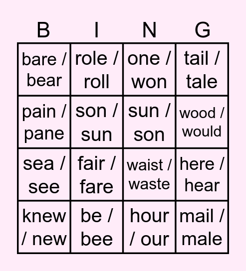 Y3 Homophones Bingo Card