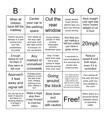 Driver's Ed Unit 2 Test Review Bingo Card