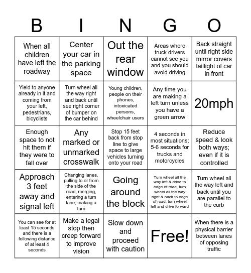 Driver's Ed Unit 2 Test Review Bingo Card