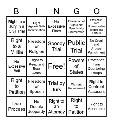 BILL OF RIGHTS BINGO Card