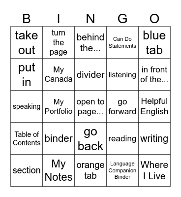 Language Companion Binders Bingo Card