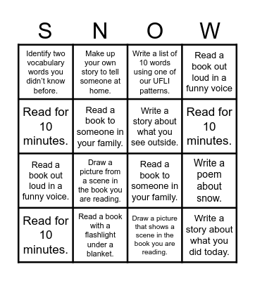 SNOW DAY! Bingo Card